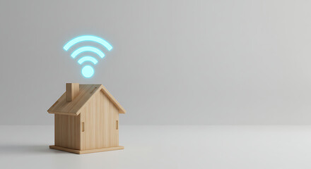 Wooden Model House with Wireless Signal Icon.