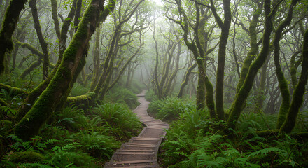 Wooden Path Through Lush MossCovered Forest.