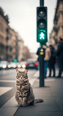 Tabby Cat Sitting on City Sidewalk Near Green Traffic Light