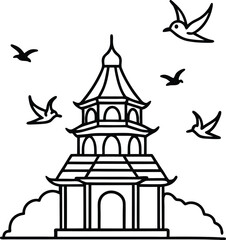 Pagoda with Flying Birds