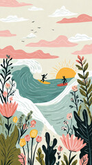 Obraz premium Two surfers enjoy catching waves at a scenic beach surrounded by lush greenery and a charming house under a warm sun and soft clouds