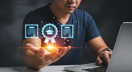 A student uses a laptop to complete a degree and certificate online, offering a graduation cap and diploma in a digital learning platform.