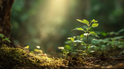 A young plant thrives in the forest, bathed in golden sunlight
