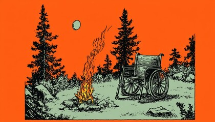 Fototapeta premium A Wheelchair Amidst Wilderness Campfire Symbolic of Nature and Serenity, Vector Art
