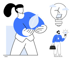 Woman holding leaf, man with light bulb, wind turbine, solar panel in lamp. Ideal for sustainability, renewable energy, eco-consciousness, innovation, green technology clean future simple flat