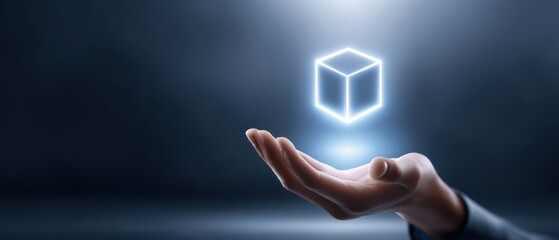 A glowing, transparent cube hovers above an outstretched hand in a dark, futuristic setting.