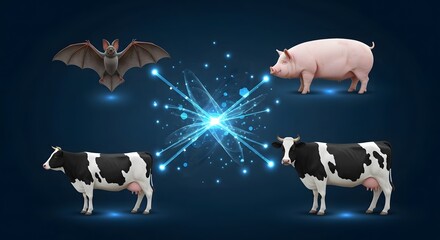 Bat Pig and Cow with Energy Burst in Digital Illustration