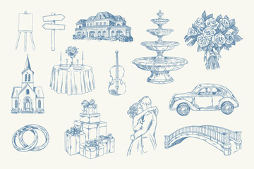 Toile de Jouy inspired wedding timeline illustration. Wedding hand dawn ceremony icon. Elegant line art minimalist venue sketch. Elements for wedding, monogram, invitation, greeting, birthday card.