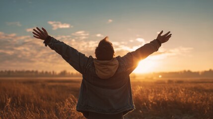 Man Celebrating Freedom in Golden Field at Sunset, Embracing Life's Joys
