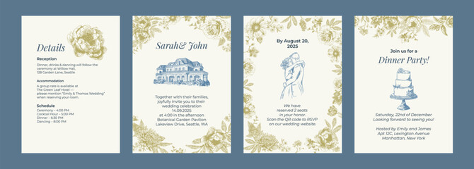 Toile de Jouy inspired wedding wedding invitation. Wedding hand dawn ceremony card. Elegant line art minimalist venue sketch. Elements for wedding, monogram, invitation, greeting, birthday card.