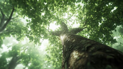 Fototapeta premium Towering canopy: The upward gaze reveals the majesty of a tall tree and its leafy embrace, creating an inviting scene that captures the essence of nature and evokes a feeling of serenity.