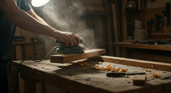 Woodworker sanding a wooden plank with power sander in workshop.
