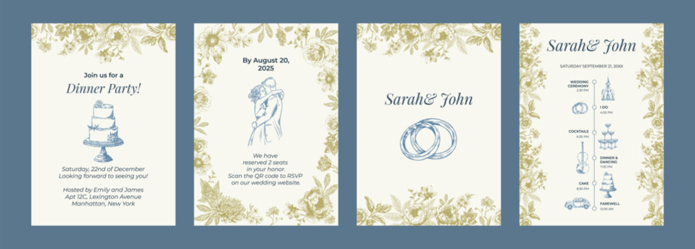 Toile de Jouy inspired wedding wedding invitation. Wedding hand dawn ceremony card. Elegant line art minimalist venue sketch. Elements for wedding, monogram, invitation, greeting, birthday card.