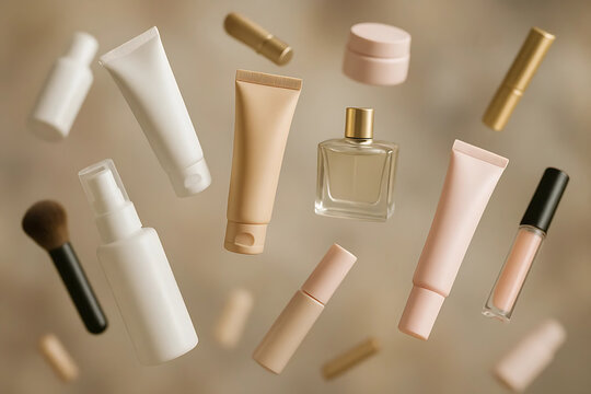 Blurred Background with Floating Cosmetic Products Creating Dynamic Depth Effect