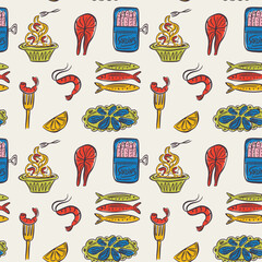 Whimsical hand drawn sea food seamless pattern in trendy whimsical style. Perfect  background for quirky italian wedding holiday, poster cards, dinner and bar menu, fabric, wrapping paper