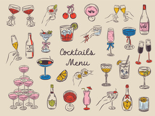 Whimsical hand drawn bar menu illustrations in trendy whimsical style. Perfect doodle for quirky italian wedding holiday, poster, dinner and bar menu, bachelorette party, birthday invitation, sign.