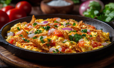 Migas con Huevo - Scrambled eggs with crispy tortilla strips, onions, and tomatoes.
