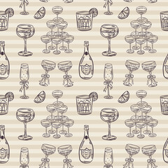 Whimsical hand drawn drinks, cocktails seamless pattern in trendy whimsical style. Perfect  background for quirky italian wedding holiday, poster cards, dinner and bar menu, fabric, wrapping paper.