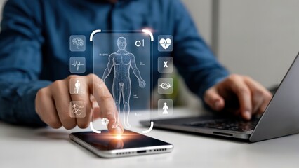 Person interacting with futuristic medical and health technology on a phone