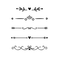 Obraz premium Gold text dividers doodle set. Wedding decorative elements. Divider ornament, borders, floral, vintage line separators. Hand drawn vector illustration isolated on white background. Set page dividers. 