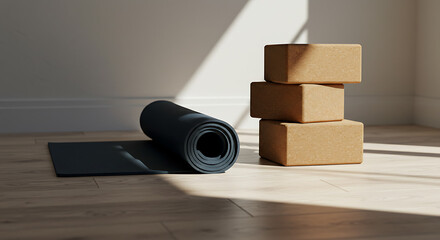 Yoga Mat and Blocks on Wooden Floor in Sunlight.