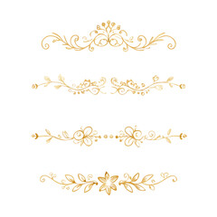 Gold text dividers doodle set. Wedding decorative elements. Divider ornament, borders, floral, vintage line separators. Hand drawn vector illustration isolated on white background. Set page dividers.
