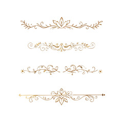 Gold text dividers doodle set. Wedding decorative elements. Divider ornament, borders, floral, vintage line separators. Hand drawn vector illustration isolated on white background. Set page dividers.
