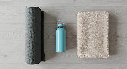 Yoga Mat Water Bottle and Towel Ready for Exercise.