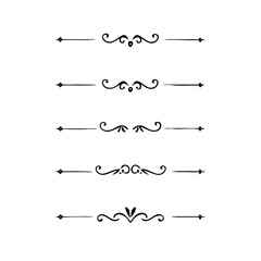 Gold text dividers doodle set. Wedding decorative elements. Divider ornament, borders, floral, vintage line separators. Hand drawn vector illustration isolated on white background. Set page dividers.
