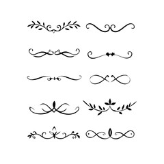 Gold text dividers doodle set. Wedding decorative elements. Divider ornament, borders, floral, vintage line separators. Hand drawn vector illustration isolated on white background. Set page dividers.
