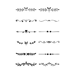 Gold text dividers doodle set. Wedding decorative elements. Divider ornament, borders, floral, vintage line separators. Hand drawn vector illustration isolated on white background. Set page dividers.
