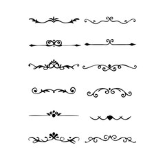 Gold text dividers doodle set. Wedding decorative elements. Divider ornament, borders, floral, vintage line separators. Hand drawn vector illustration isolated on white background. Set page dividers.

