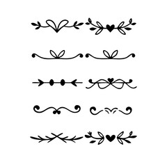 Gold text dividers doodle set. Wedding decorative elements. Divider ornament, borders, floral, vintage line separators. Hand drawn vector illustration isolated on white background. Set page dividers.
