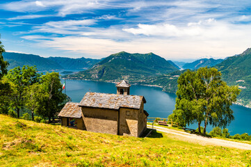 Panorama of Lake Como, with Tremezzina, Villa Balbianello, a glimpse of Lake Lugano, photographed from Alpe Camaggiore.
