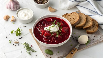 Heartwarming bowl of beetroot soup served with fresh herbs, sour cream, and dark bread on a rustic kitchen table