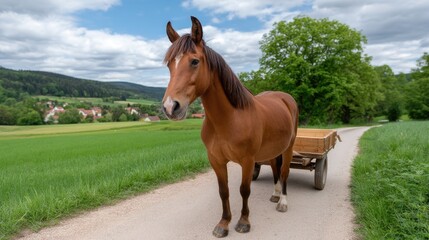 Fototapeta premium Brown horse pulling a wooden cart on a scenic rural road