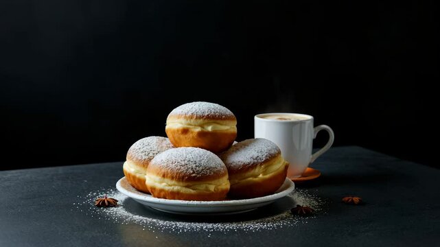 Steaming coffee with angelic doughnut tower in cozy morning ambiance