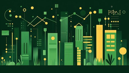 A flat vector illustration of a chart with green and gold abstract geometric buildings, plants and eco-friendly background