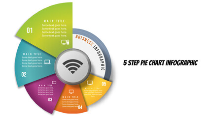5 Step PIE CHART Infographic. 5 Step Circular Business Infographic for PowerPoint and Presentation Slides. Fully editable vector SVG file compatible with PowerPoint, Illustrator, and most vector apps.