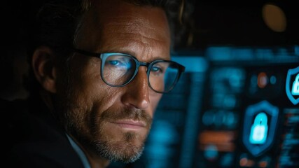 A man with glasses examines a blue-lit screen, a serious expression on his face. Security symbols are visible - Powered by Adobe
