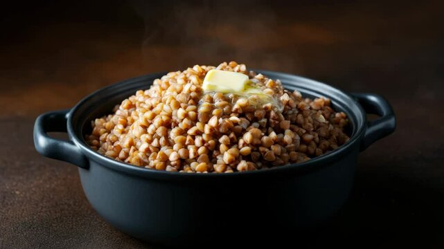 Steaming bowl of buckwheat topped with melting butter in rustic setting
