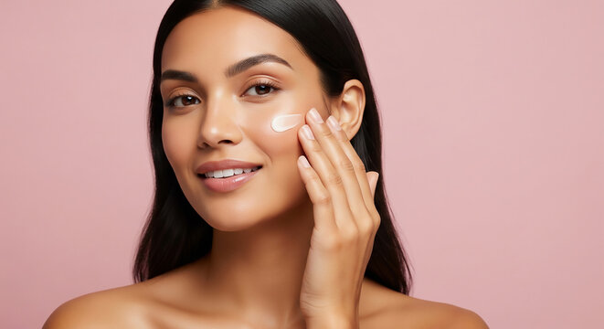 A smiling woman with long, straight hair applies cream to her cheek, against a soft pink background