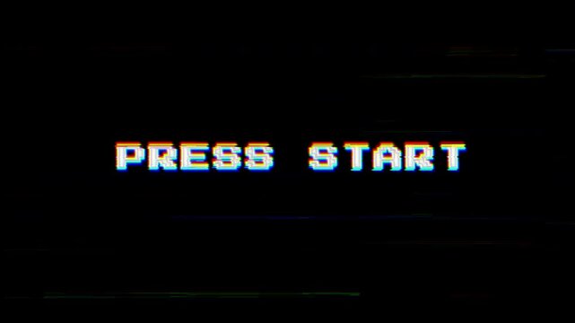 Press start text animation. VHS flicker screen animation with glitch effects. 4K video - Powered by Adobe
