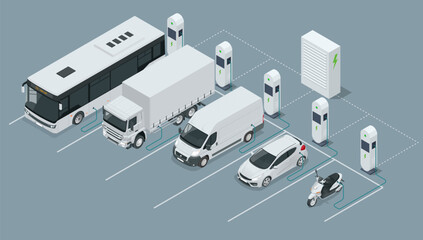 Isometric illustration of electric vehicle charging station with car, bus, truck, van, and scooter. Clean energy transport using renewable solar or wind power. Eco-friendly mobility concept