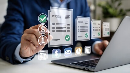 Online invoicing concept shows a man managing payments using a laptop