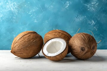 Tropical coconuts on wooden surface against blue background showcasing fresh coconut fruit in various stages of preparation