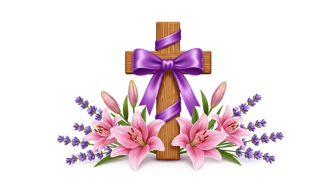 Wooden cross adorned with purple ribbon and pink lilies, lavender sprigs create a serene Easter or memorial arrangement, symbolizing remembrance and faith