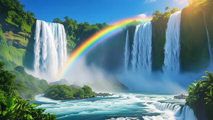 Fototapeta premium waterfall, photography, outdoors, color image, nature, rainbow, beauty in nature, horizontal, iceland, no people, mountain, river, cliff, water, majestic, day, idyllic, travel destinations, awe, flowi