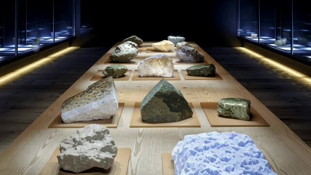 A long illuminated display table in a dark museum room showcases a diverse collection of colorful mineral and crystal specimens arranged neatly for public viewing.