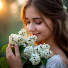 Portrait of a beautiful girl with a bouquet of white lilacs.